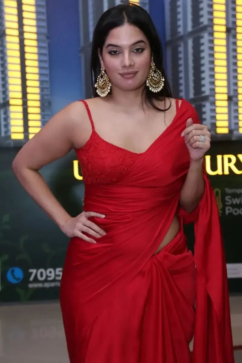 Tollywood Actress Tanya Hope in Red Saree at Weapon Movie Press Meet